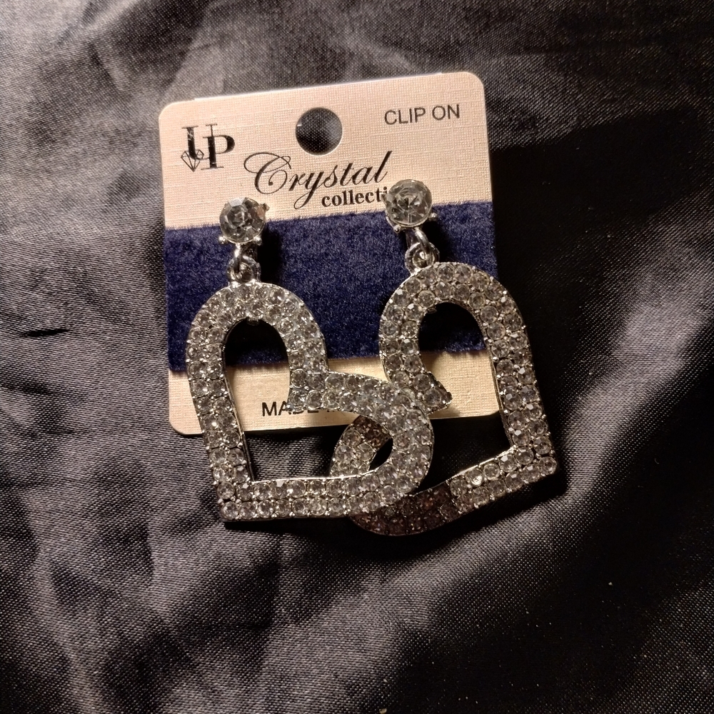 Heart Shaped Rhinestone Clip on Earrings